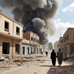 **Image Prompt:** A desolate Libyan city street, rubble-strewn, with a destroyed building in the background. In the foreground, a group of weary civilians walks past, their faces etched with hardship. The sky is overcast and smoky.