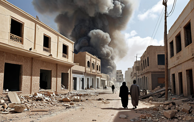 **Image Prompt:** A desolate Libyan city street, rubble-strewn, with a destroyed building in the background. In the foreground, a group of weary civilians walks past, their faces etched with hardship. The sky is overcast and smoky.