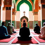 A Sufi shrine in Libya, with devotees praying and meditating. Capture the spiritual atmosphere with soft lighting and vibrant colors of traditional Libyan clothing. Focus on the expressions of devotion and the architectural details of the shrine.