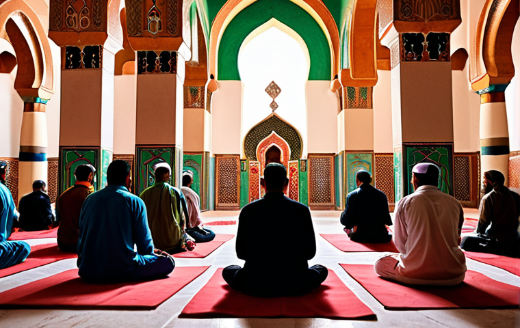 A Sufi shrine in Libya, with devotees praying and meditating. Capture the spiritual atmosphere with soft lighting and vibrant colors of traditional Libyan clothing. Focus on the expressions of devotion and the architectural details of the shrine.