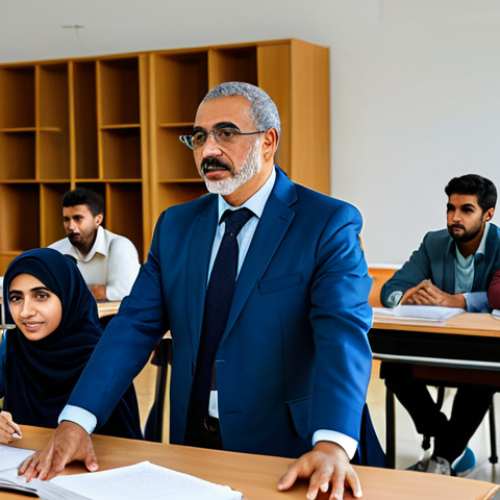A group of diverse Libyan university students and a professor in a modern, well-lit university classroom. The professor stands at the front, actively teaching, while students are engaged in discussion and note-taking. The classroom is clean and organized, symbolizing resilience and the continuous pursuit of knowledge despite past challenges. The atmosphere is one of focused dedication and hope. All subjects are fully clothed in modest academic and professional attire. Professional photography, high resolution, natural light, realistic, detailed. Safe for work, appropriate content, fully clothed, professional. Perfect anatomy, correct proportions, natural pose, well-formed hands, proper finger count, natural body proportions.