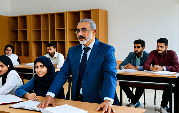 A group of diverse Libyan university students and a professor in a modern, well-lit university classroom. The professor stands at the front, actively teaching, while students are engaged in discussion and note-taking. The classroom is clean and organized, symbolizing resilience and the continuous pursuit of knowledge despite past challenges. The atmosphere is one of focused dedication and hope. All subjects are fully clothed in modest academic and professional attire. Professional photography, high resolution, natural light, realistic, detailed. Safe for work, appropriate content, fully clothed, professional. Perfect anatomy, correct proportions, natural pose, well-formed hands, proper finger count, natural body proportions.