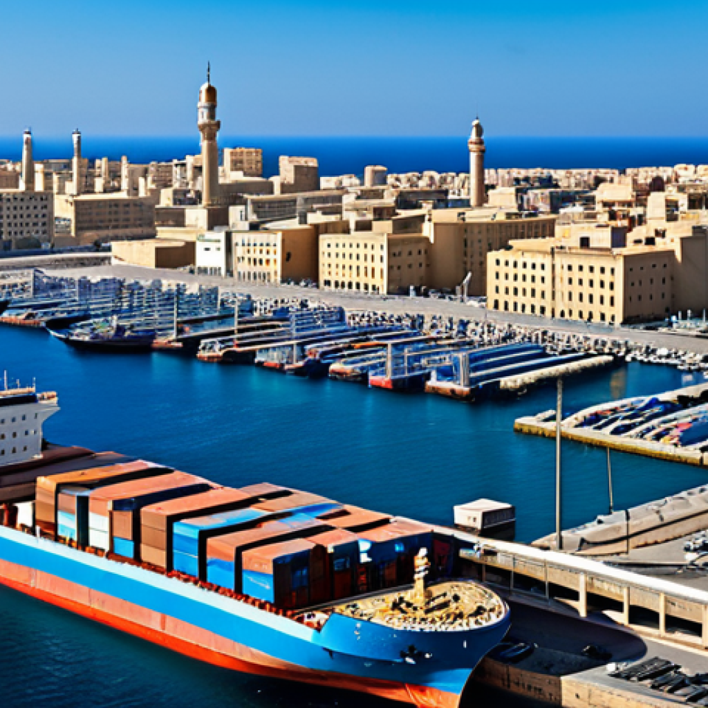 리비아와 중동 지역 간 지정학적 관계 - Mediterranean Trade Hub**

"A bustling Mediterranean port city, representing Libya as a trade hub, w...
