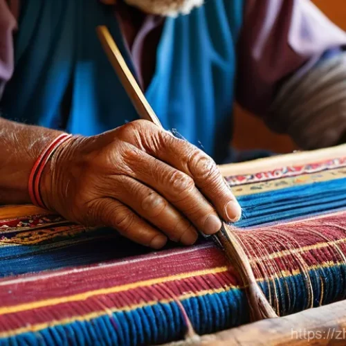 리비아에서 인기 있는 예술과 공예품 - A close-up shot of an elderly Libyan artisan's weathered hands deftly weaving a vibrant, intricate t...