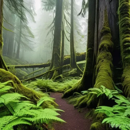 레프렌 국립공원 여행 - **Ancient Cedar Rainforest Explorer**
    An immersive, wide-angle shot from a slightly low perspect...