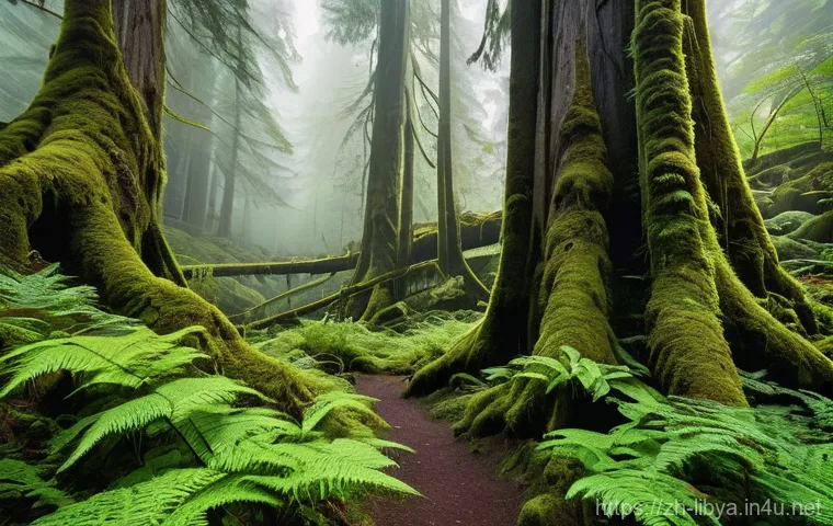 레프렌 국립공원 여행 - **Ancient Cedar Rainforest Explorer**
    An immersive, wide-angle shot from a slightly low perspect...