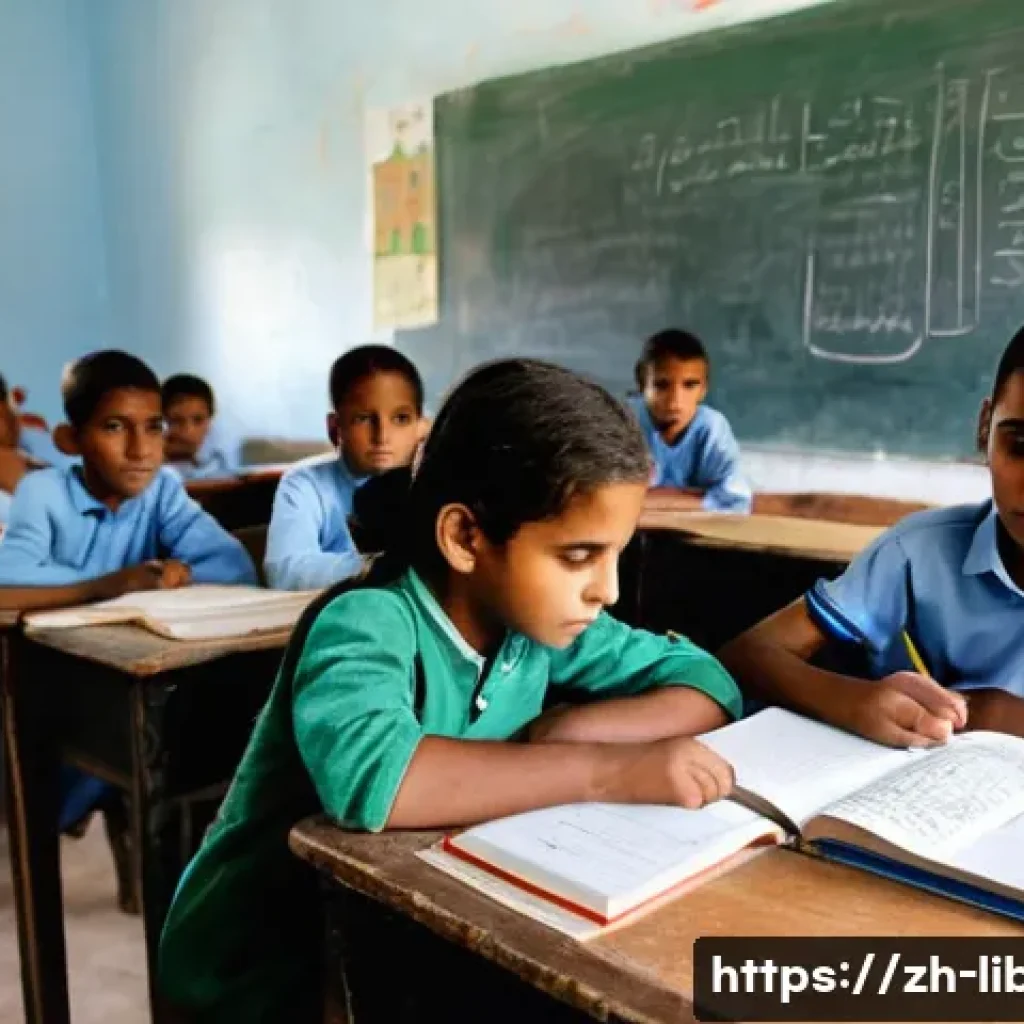 리비아 교육 제도와 특징 - **Prompt:** A group of young Libyan children, aged 7-12, are diligently focused on their studies ins...