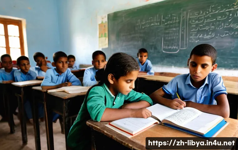 리비아 교육 제도와 특징 - **Prompt:** A group of young Libyan children, aged 7-12, are diligently focused on their studies ins...