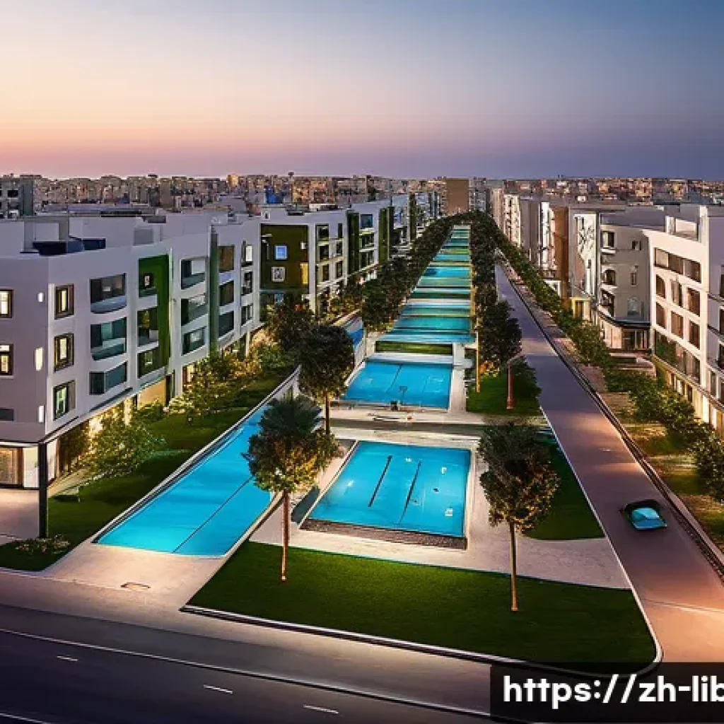 리비아의 주택 시장과 부동산 동향 - A vibrant modern Libyan cityscape at dusk, showcasing newly developed satellite towns and coastal re...