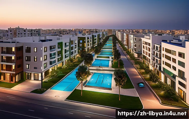 리비아의 주택 시장과 부동산 동향 - A vibrant modern Libyan cityscape at dusk, showcasing newly developed satellite towns and coastal re...