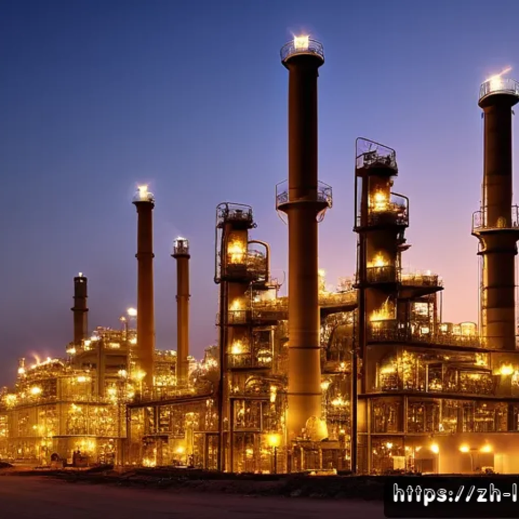 리비아의 주요 수출입 품목 - A vibrant Libyan oil refinery complex at sunset, showcasing modern distillation towers and petrochem...