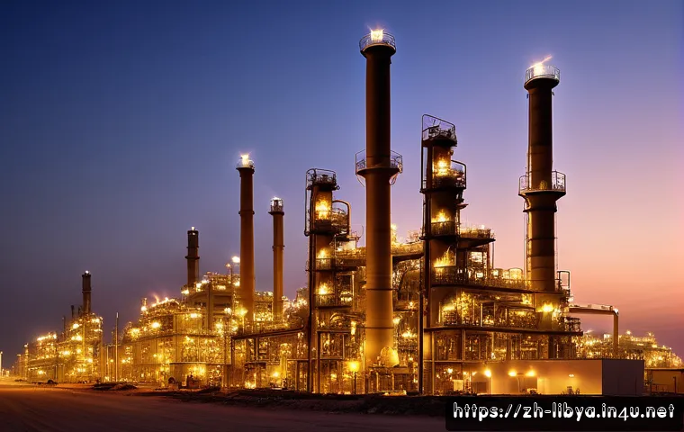 리비아의 주요 수출입 품목 - A vibrant Libyan oil refinery complex at sunset, showcasing modern distillation towers and petrochem...