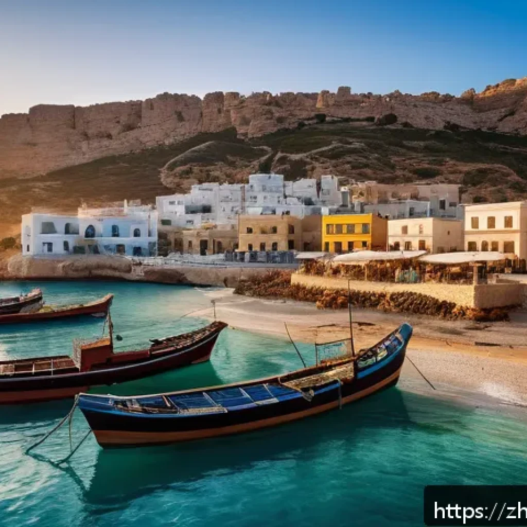 리비아의 해산물 요리와 어업 산업 - A vibrant Mediterranean coastal fishing village in Libya at sunrise, showcasing traditional wooden f...