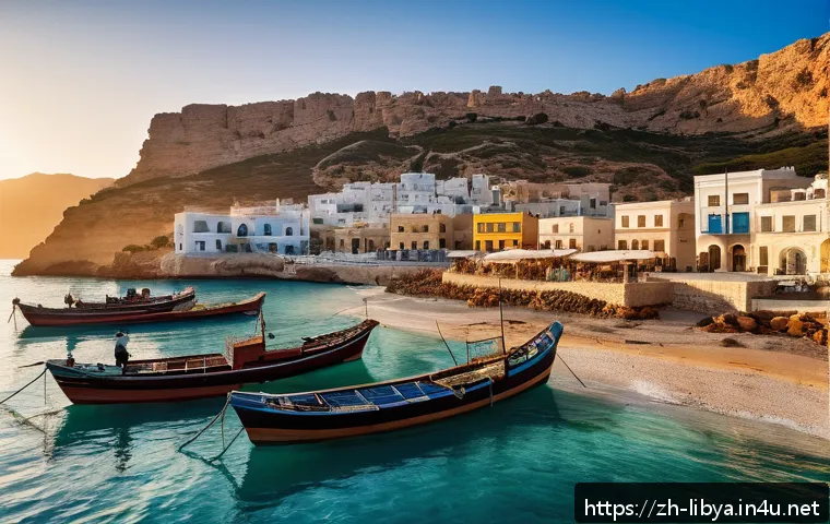 리비아의 해산물 요리와 어업 산업 - A vibrant Mediterranean coastal fishing village in Libya at sunrise, showcasing traditional wooden f...