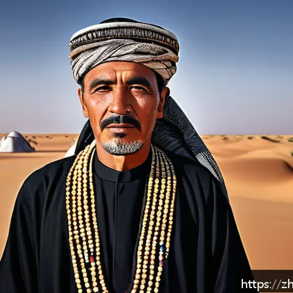 리비아에서 유명한 정치인 - A detailed scene depicting a Libyan tribal leader in traditional attire, standing confidently in a d...