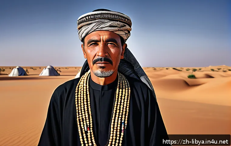 리비아에서 유명한 정치인 - A detailed scene depicting a Libyan tribal leader in traditional attire, standing confidently in a d...