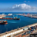리비아의 주요 항구와 무역로 - A detailed, realistic view of Tripoli Port in Libya during daytime, showing a bustling harbor with l...