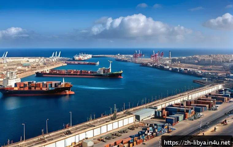 리비아의 주요 항구와 무역로 - A detailed, realistic view of Tripoli Port in Libya during daytime, showing a bustling harbor with l...