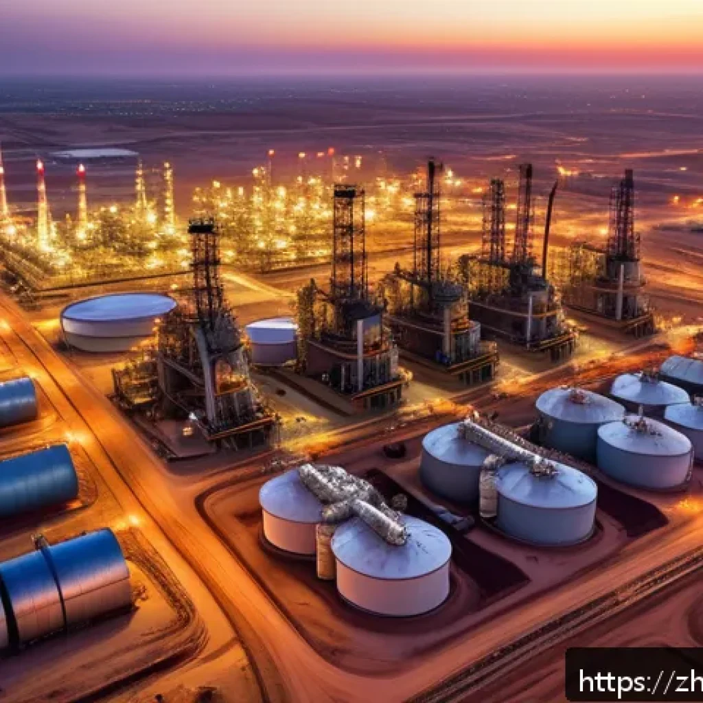 리비아의 경제 구조 분석 - A detailed aerial view of a Libyan oil refinery complex at sunset, with numerous pipelines, large st...