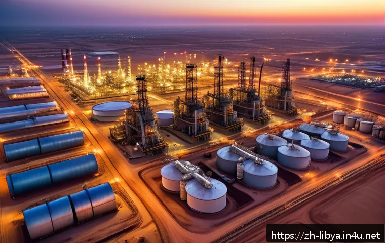 리비아의 경제 구조 분석 - A detailed aerial view of a Libyan oil refinery complex at sunset, with numerous pipelines, large st...
