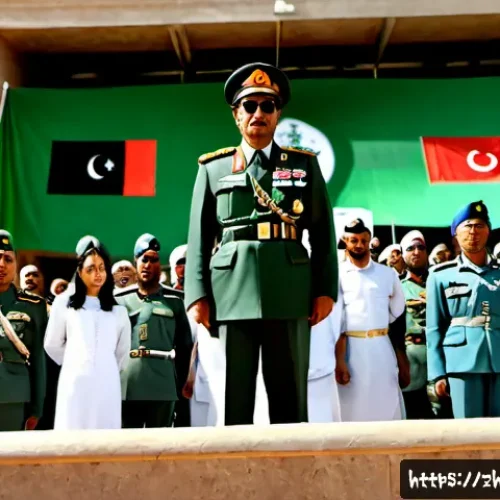 무아마르 가다피 정권과 몰락 - Photorealistic 1980s Tripoli political scene, Muammar Gaddafi standing on a grand reviewing platform...