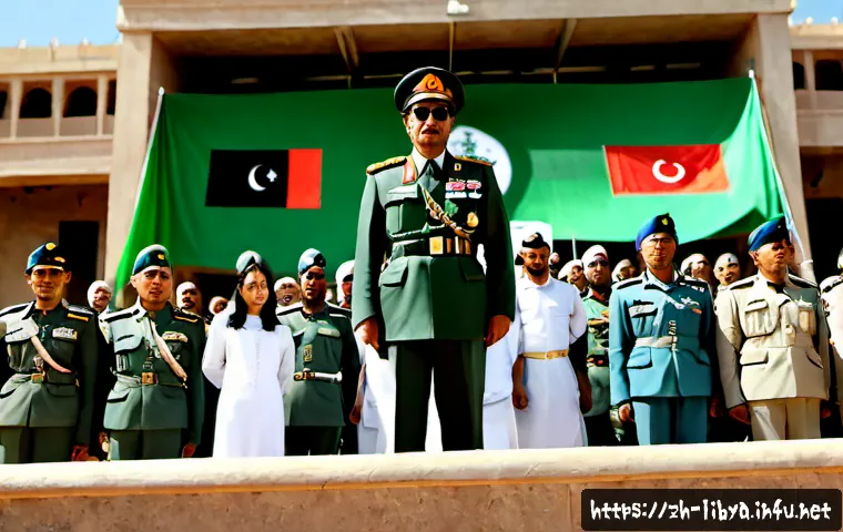 무아마르 가다피 정권과 몰락 - Photorealistic 1980s Tripoli political scene, Muammar Gaddafi standing on a grand reviewing platform...