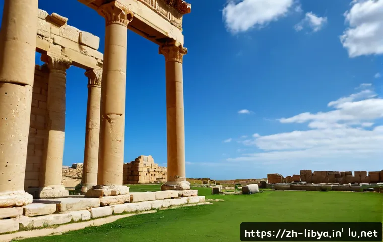 리비아 여행 추천 시기 - Photorealistic springtime view of the ancient Roman ruins at Leptis Magna, Libya, clear blue sky wit...