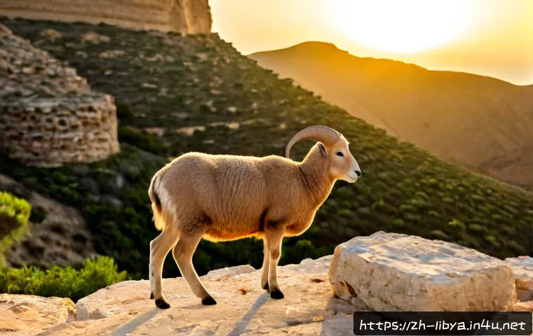 리비아의 야생 동물과 보호구역 - Photorealistic Barbary sheep standing on a sunlit limestone ridge in Libya’s Jebel Akhdar protected ...
