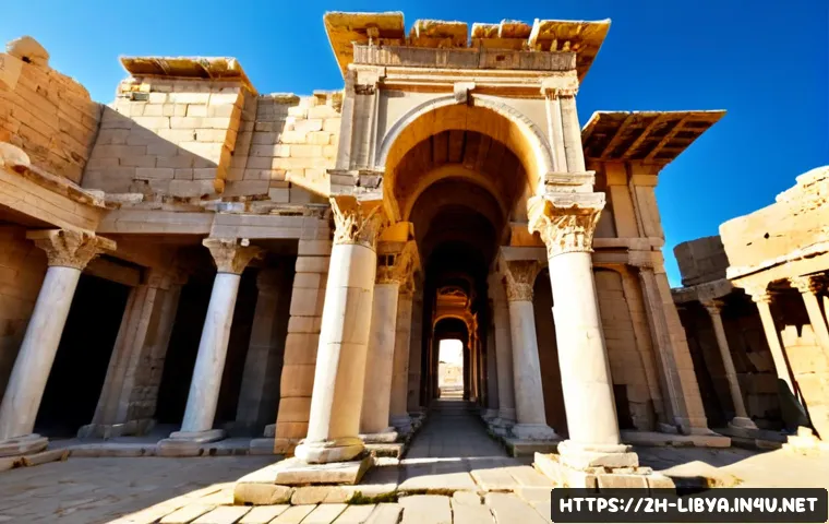 리비아의 대표적인 관광지 - Photorealistic wide-angle view of the ancient Roman ruins of Leptis Magna, Libya, grand stone arches...