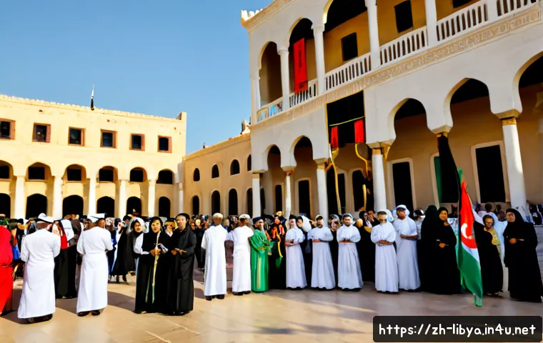 리비아의 주요 공휴일과 기념일 - Photorealistic Libyan national celebration in a sunlit public square, diverse families in modest eve...